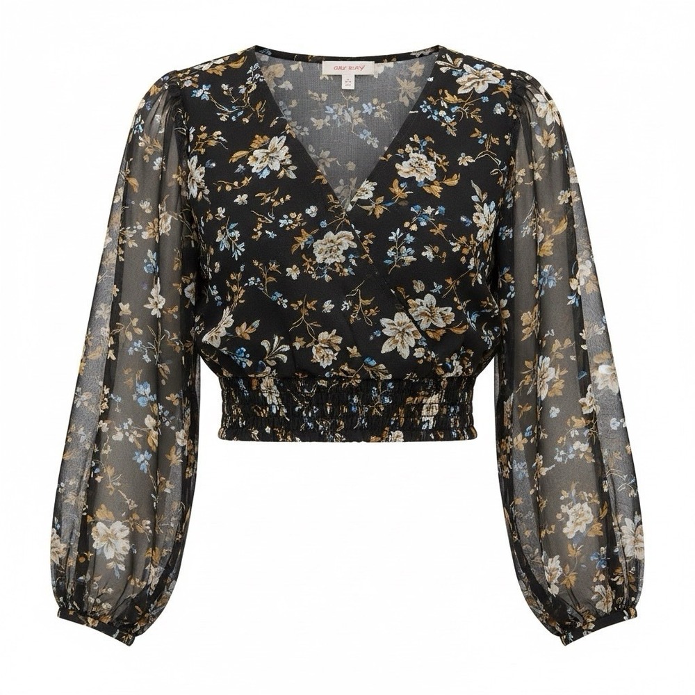 Kaii Los Angeles Black Floral Sheer Wrap Cropped Blouse Long Sleeve M